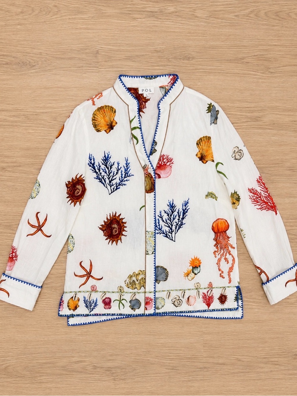 POL Coastal Seashell Print Button Down Shirt S Cowrie Shell Beaded Boho Resort